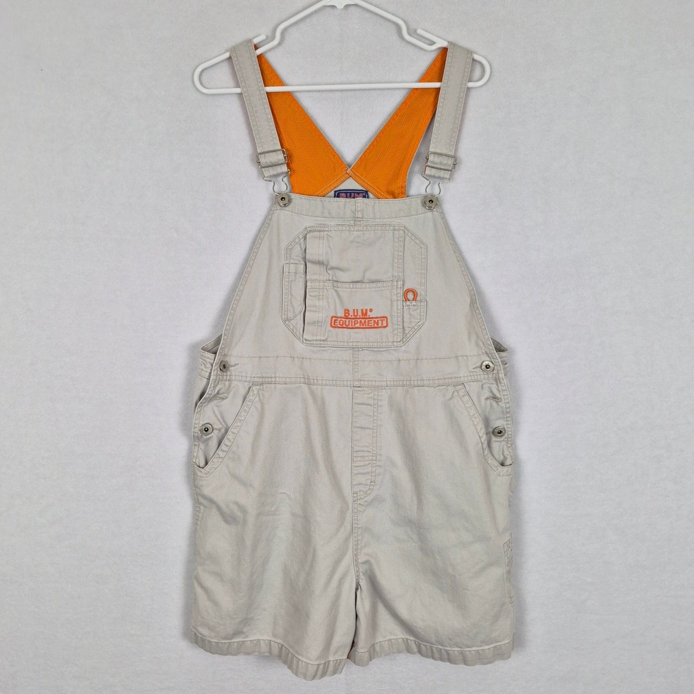 90s B.U.M. Equipment Womens XL Ecru Orange Contrast Short Overalls Y2K VTG Baggy